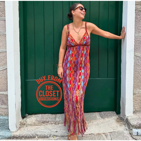 ZARA V-Neck Fringe Hem Multicolor Midi Dress NWT | Size M/L - Picture 5 of 16